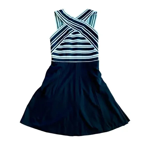 Anthropologie Maeve Black White Crosswise Stripe Fit & Flare Mini Dress Womens 6 - Picture 1 of 15